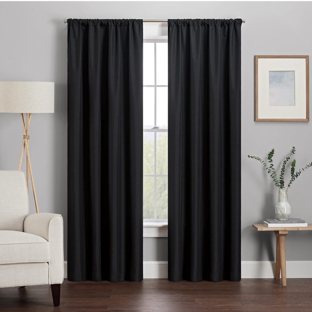 RE Room Essentials 2 Black Thick Room Darkening Blackout Curtains Drapes 84”